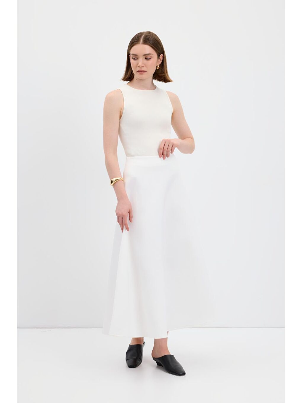 Scuba Kumaş Kloş Etek Ekru-2