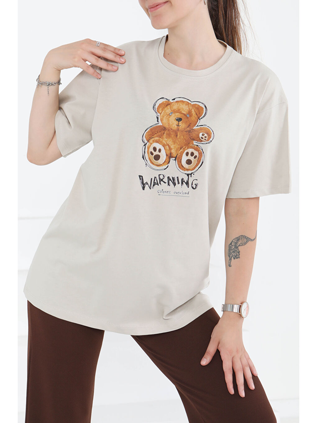 Bej Baskılı Kısa Kollu T-Şhirt Taş - 27350