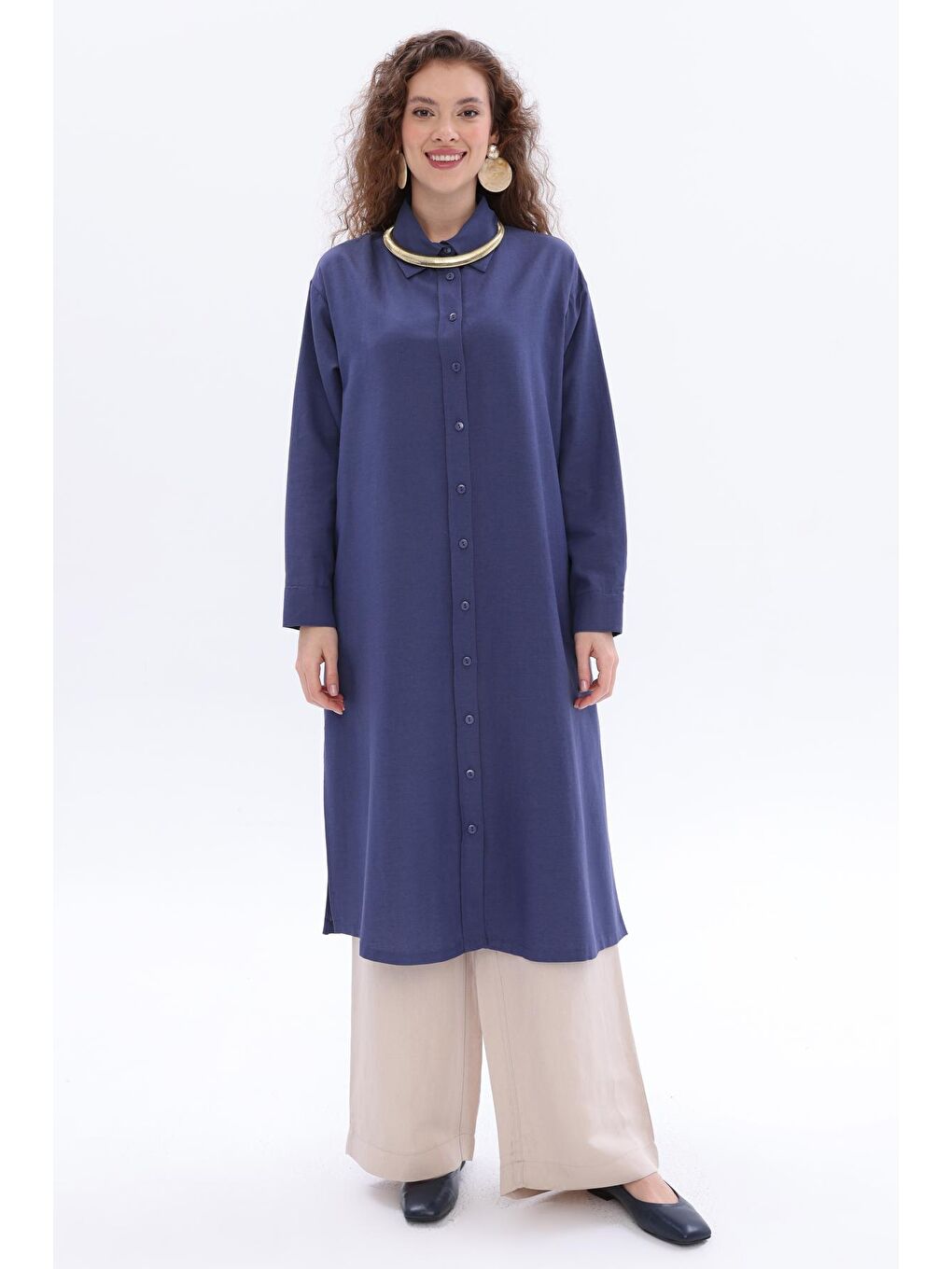 Lacivert Yanları Yırtmaçlı Cepli Keten Gömlek Tunik-1