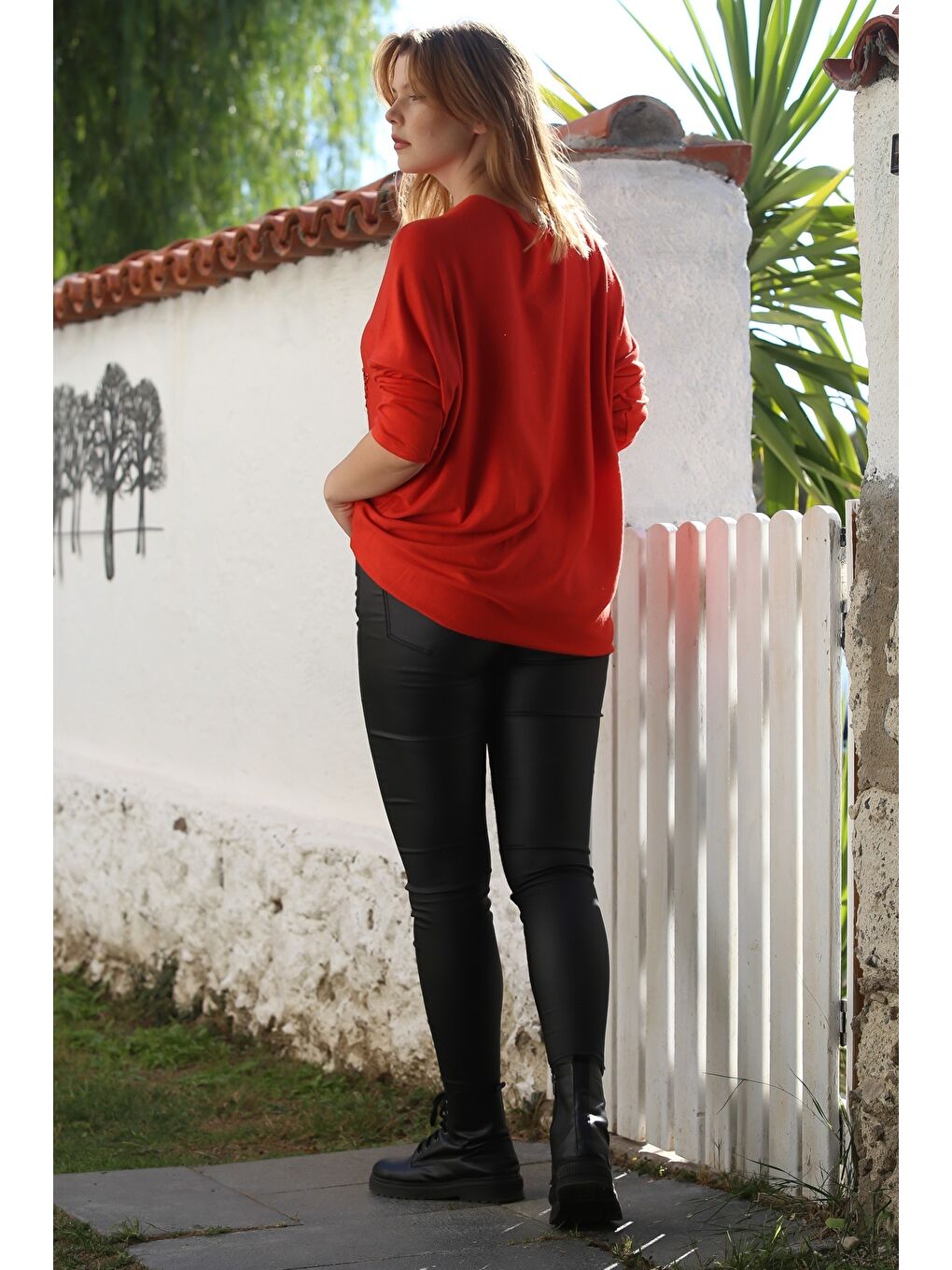 Kırmızı İtalyan Narçiçeği Havuz Yaka Uzun Kol Yıldız Aplikeli Casual Yumoş Triko Bluz 72 65-7