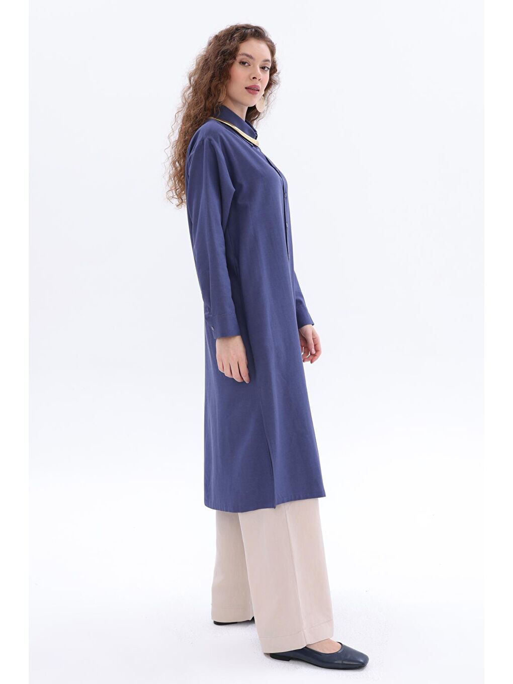 Lacivert Yanları Yırtmaçlı Cepli Keten Gömlek Tunik-2