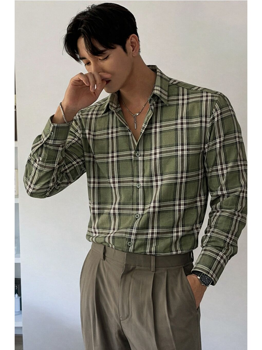 Yeşil Erkek Ekose Gömlek Slim Fit Uzun Kollu Pamuklu Günlük