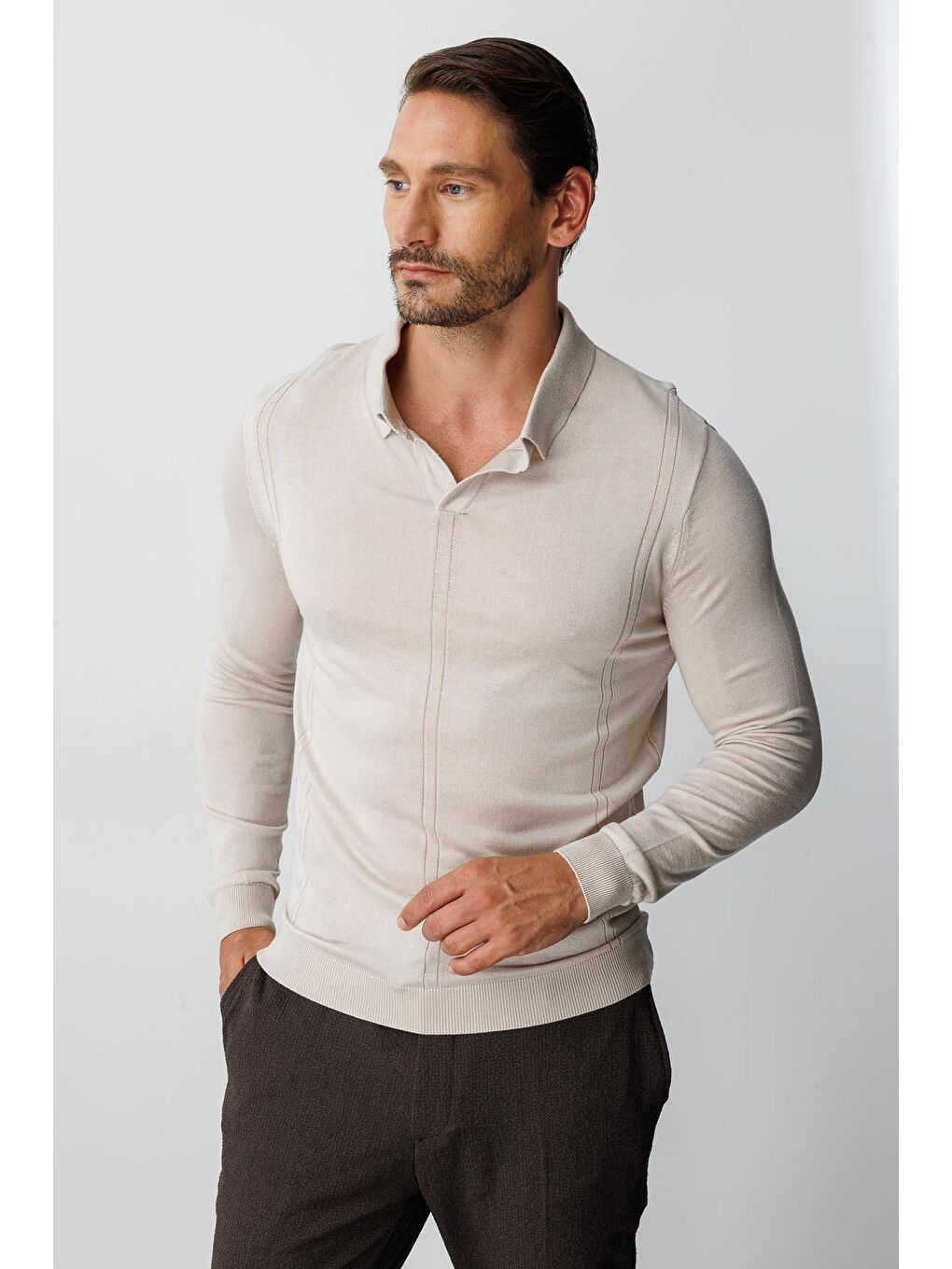 Bej Polo Yaka Düz Uzun Kollu Triko