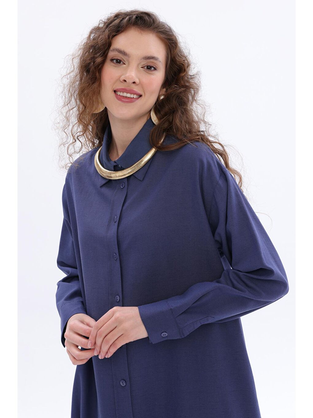 Lacivert Yanları Yırtmaçlı Cepli Keten Gömlek Tunik-4