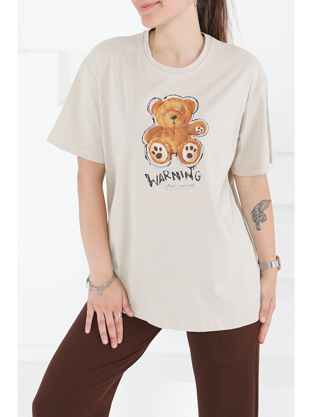 Bej Baskılı Kısa Kollu T-Şhirt Taş - 27350-1