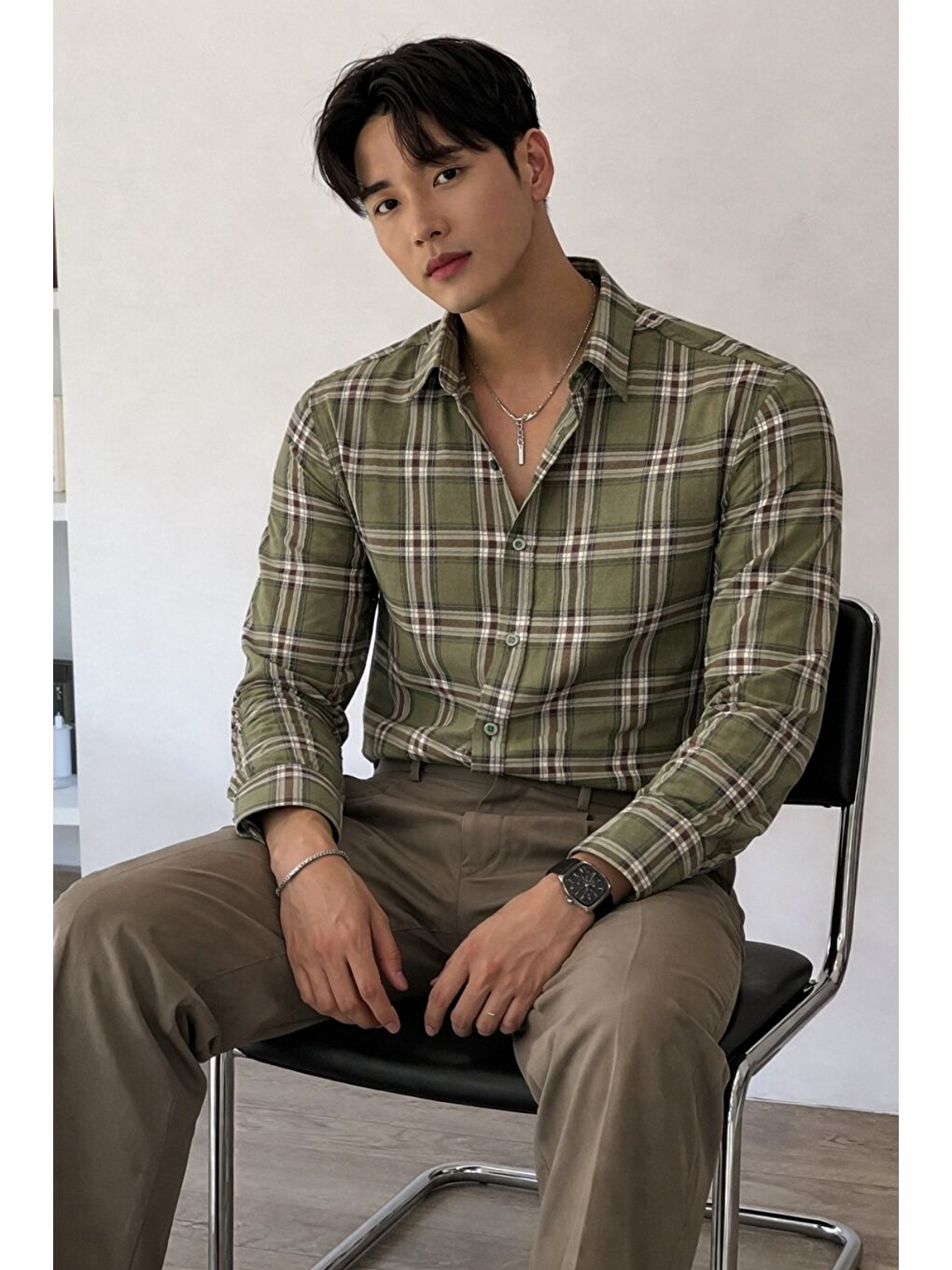 Yeşil Erkek Ekose Gömlek Slim Fit Uzun Kollu Pamuklu Günlük-1