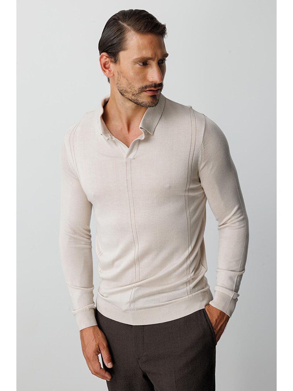 Bej Polo Yaka Düz Uzun Kollu Triko-1