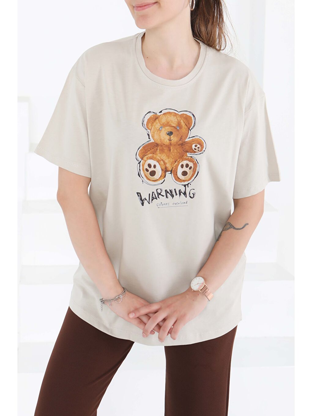 Bej Baskılı Kısa Kollu T-Şhirt Taş - 27350-2