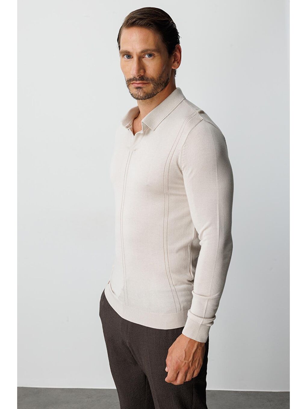 Bej Polo Yaka Düz Uzun Kollu Triko-2