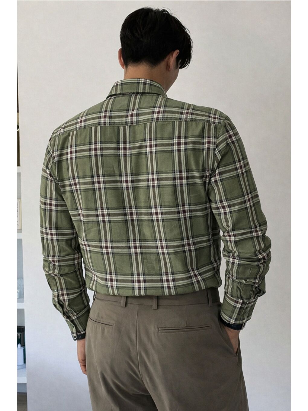 Yeşil Erkek Ekose Gömlek Slim Fit Uzun Kollu Pamuklu Günlük-2