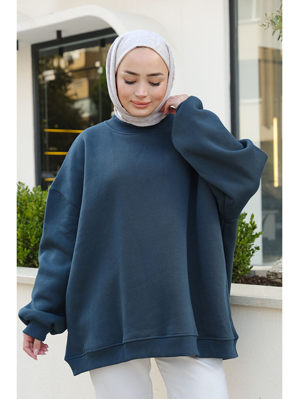 Locco Moda Petrol-Mavi Bisiklet Yaka Oversize Sweat Petrol Mavi - 2