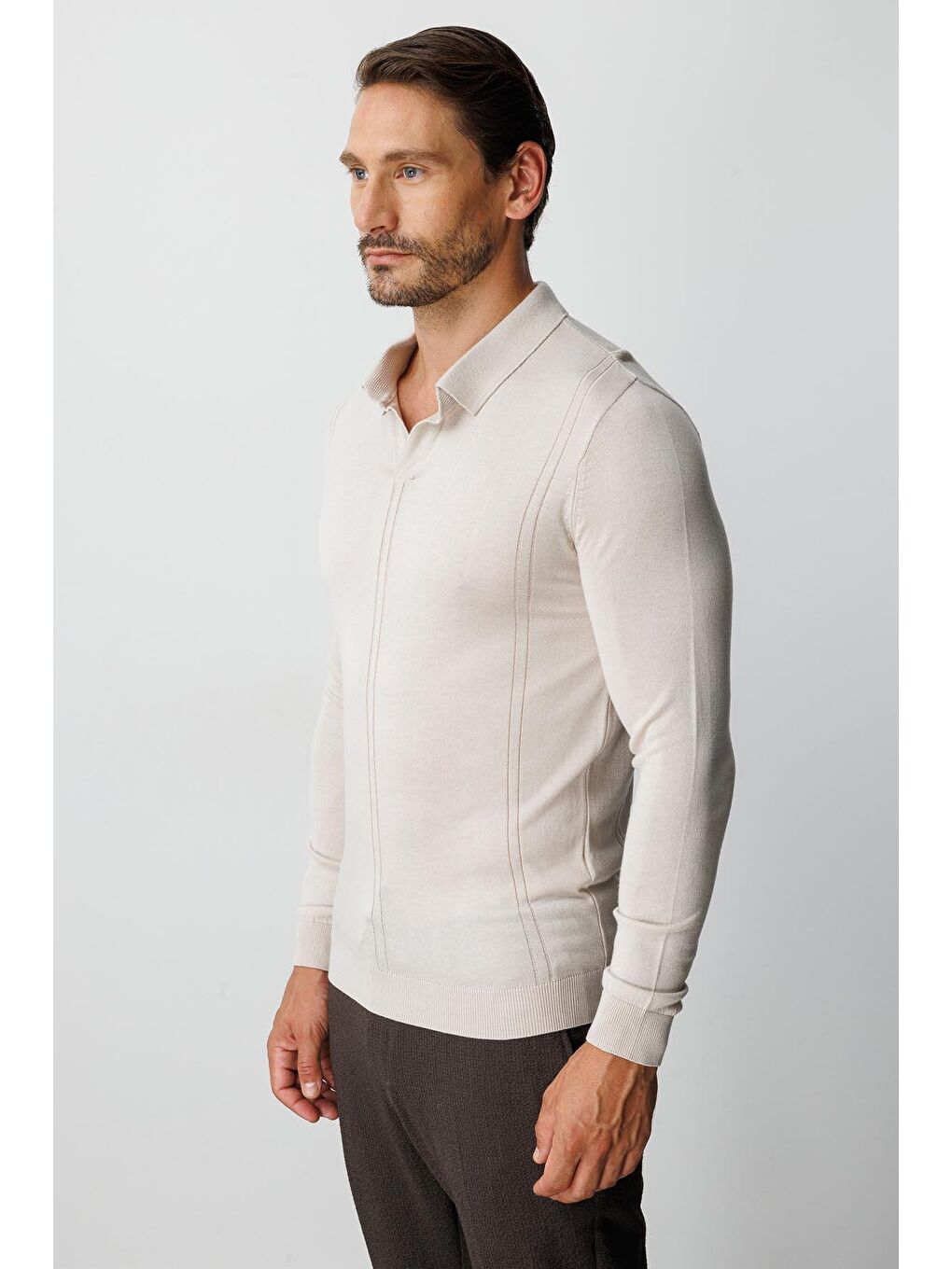 Bej Polo Yaka Düz Uzun Kollu Triko-3