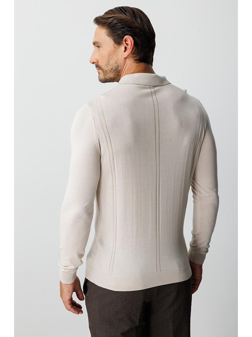 Bej Polo Yaka Düz Uzun Kollu Triko-4