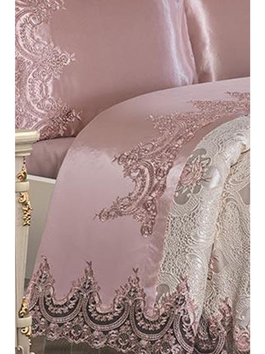 Pembe Fransız Güpürlü Tek Kişilik Eylül Pike Takımı Pudra-1