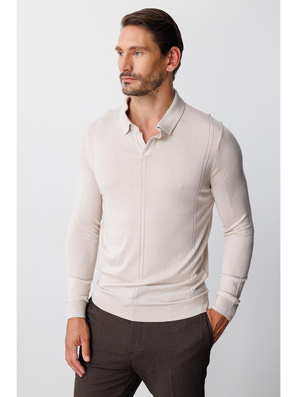 Bej Polo Yaka Düz Uzun Kollu Triko-5