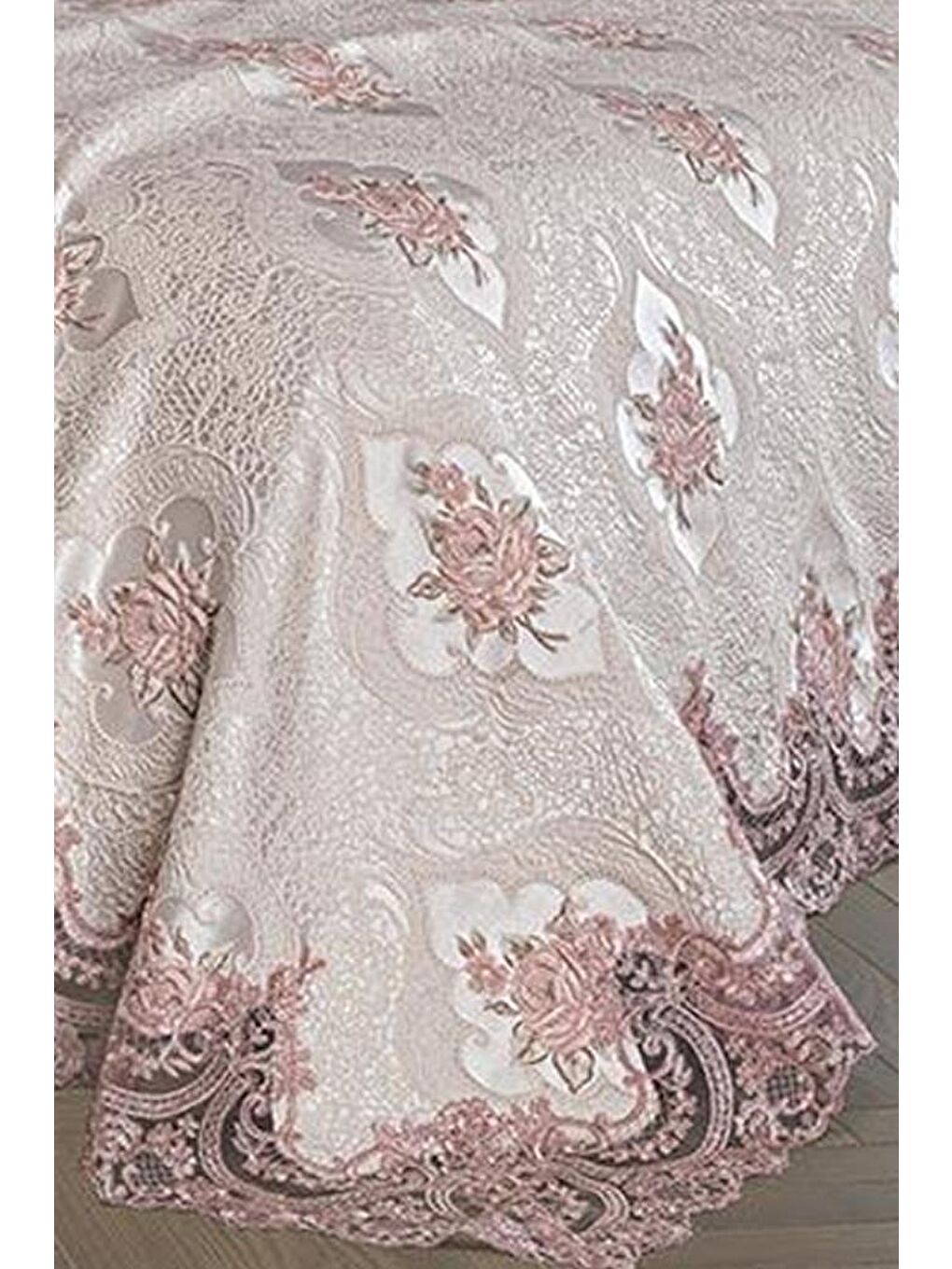 Pembe Fransız Güpürlü Tek Kişilik Eylül Pike Takımı Pudra-2