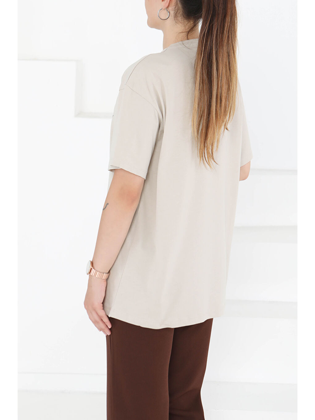 Bej Baskılı Kısa Kollu T-Şhirt Taş - 27350-4