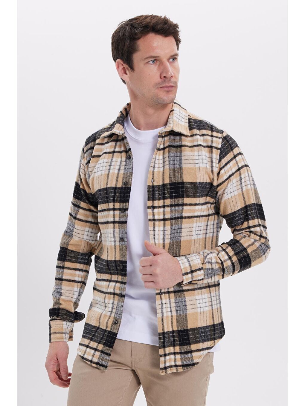 Bej Erkek Slim Fit Dar Kesim Kareli Kışlık Oduncu Gömlek