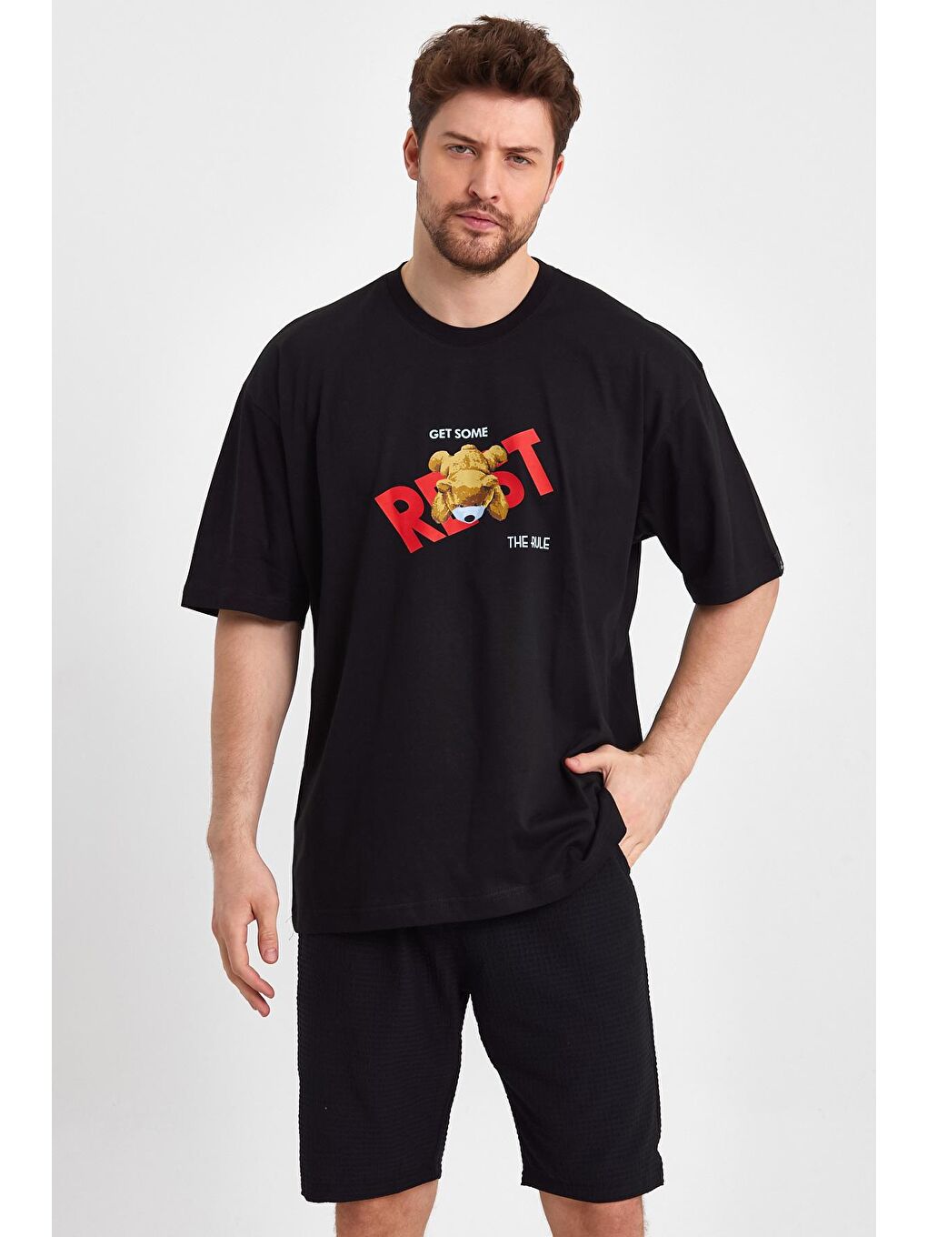 Siyah Oversize Fit Bisiklet Yaka %100 Pamuk Ayıcık Baskılı Erkek Tişört RF0407-1