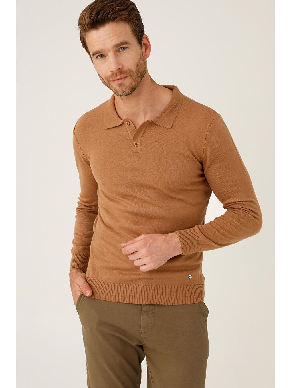 Kahverengi Açık Kahve Dar Kalıp Polo Yaka Düz Uzun Kollu Triko