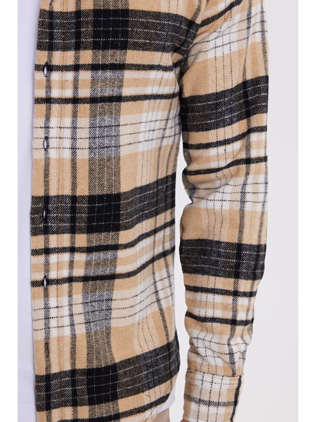 Bej Erkek Slim Fit Dar Kesim Kareli Kışlık Oduncu Gömlek-2