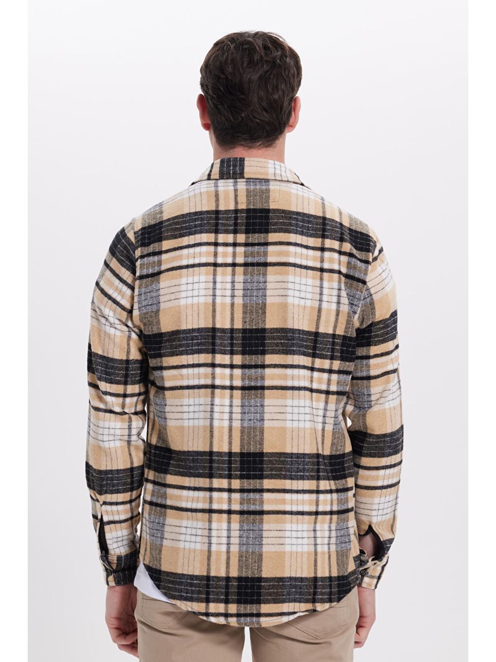 Bej Erkek Slim Fit Dar Kesim Kareli Kışlık Oduncu Gömlek-4