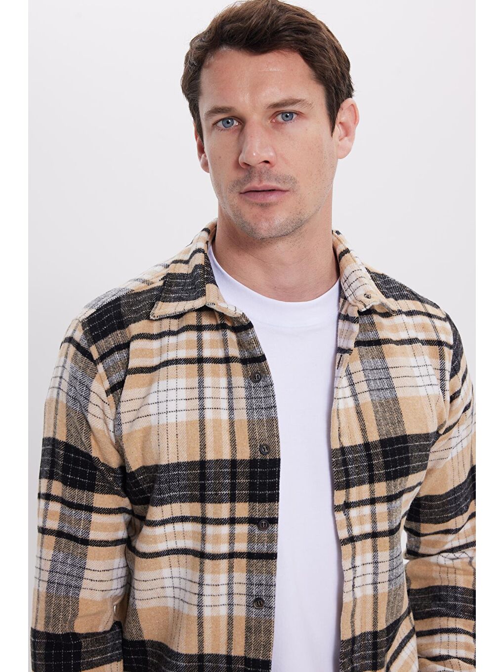 Bej Erkek Slim Fit Dar Kesim Kareli Kışlık Oduncu Gömlek-5