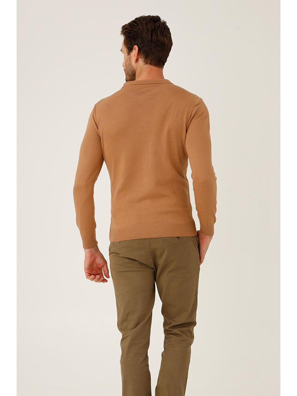 Kahverengi Açık Kahve Dar Kalıp Polo Yaka Düz Uzun Kollu Triko-1