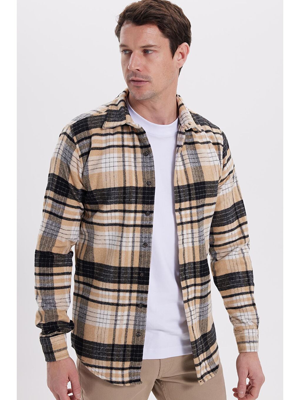 Bej Erkek Slim Fit Dar Kesim Kareli Kışlık Oduncu Gömlek-6