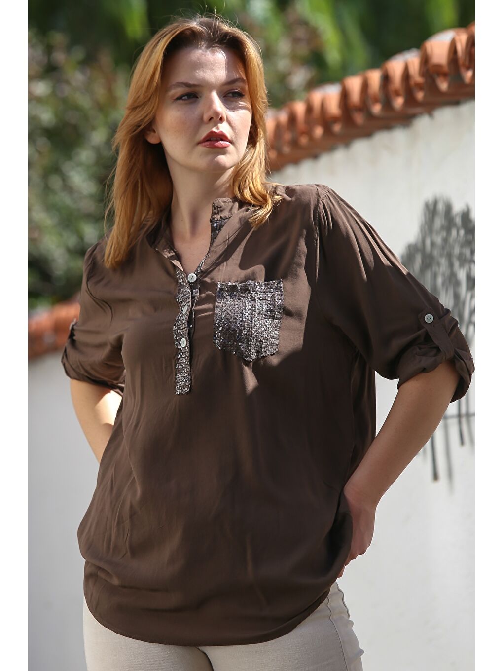 İtalyan Kahverengi Hakim Yaka Düğmeli Uzun Kollu Pullu Cepli Casual Dokuma Bluz 72 65-5