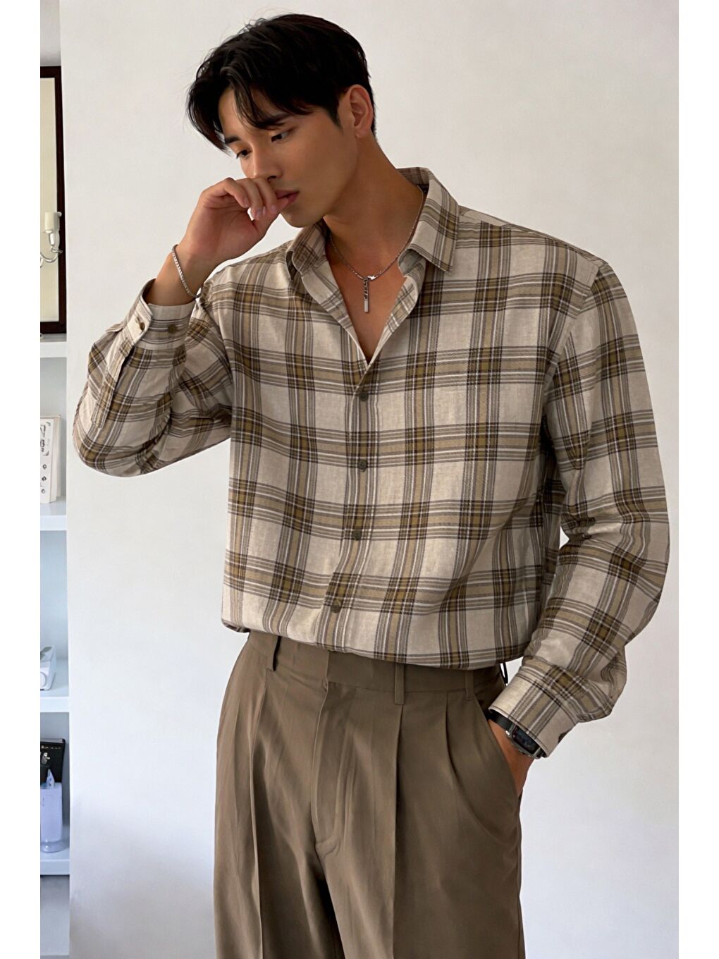 Ekru Erkek Ekose Gömlek Slim Fit Uzun Kollu Pamuklu Günlük