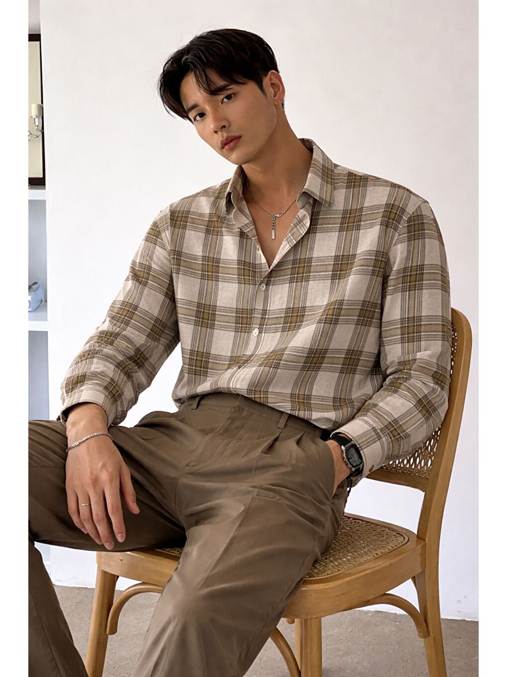 Ekru Erkek Ekose Gömlek Slim Fit Uzun Kollu Pamuklu Günlük-1