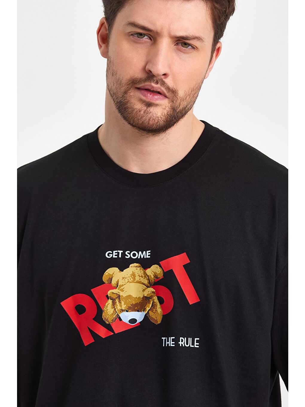 Siyah Oversize Fit Bisiklet Yaka %100 Pamuk Ayıcık Baskılı Erkek Tişört RF0407-2