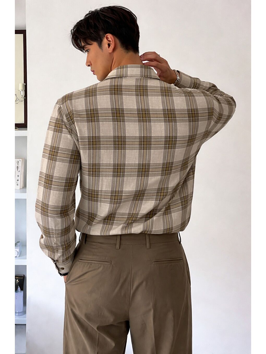 Ekru Erkek Ekose Gömlek Slim Fit Uzun Kollu Pamuklu Günlük-2