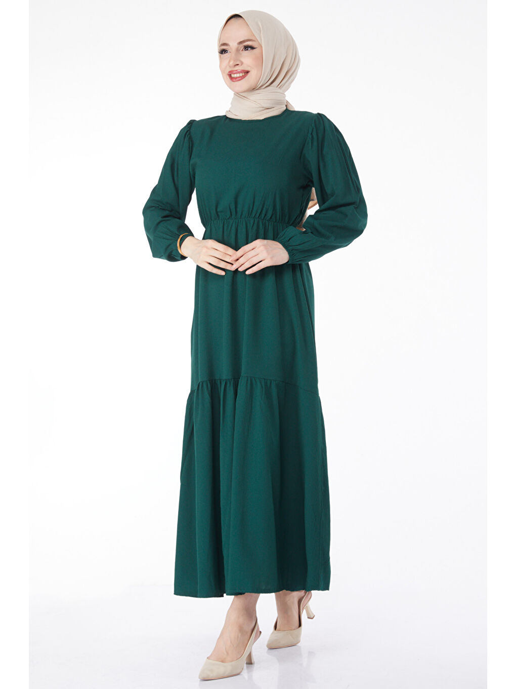 Yeşil Beli Bağcıklı Elbise Zümrüt - 27303