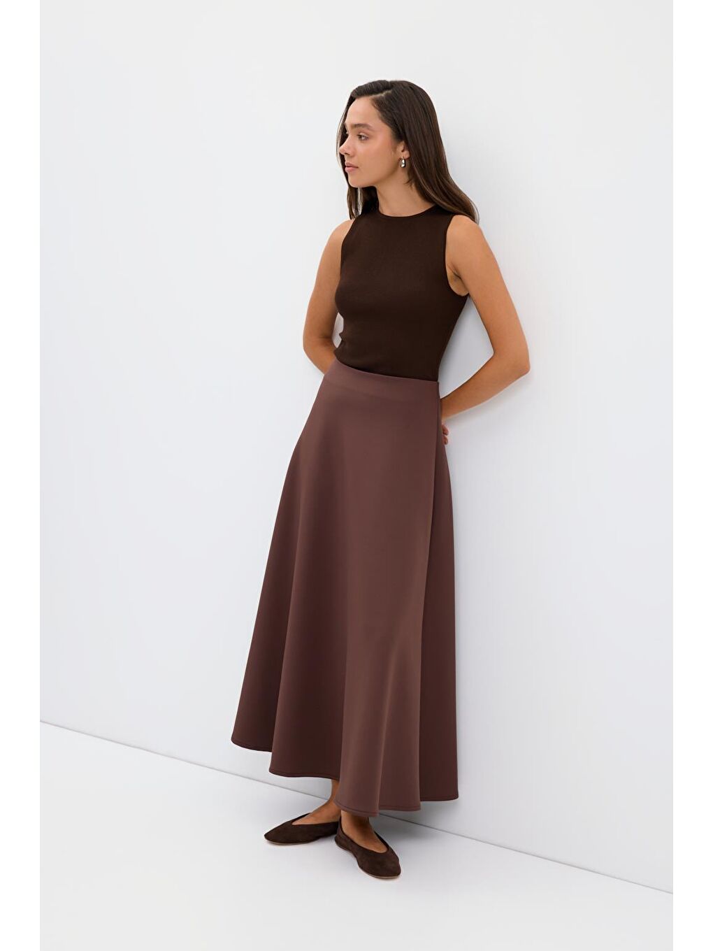 Kahverengi Scuba Kumaş Kloş Etek Kahve-2