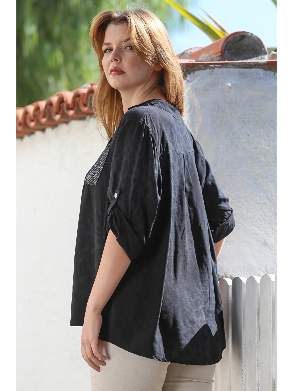 İtalyan Siyah Hakim Yaka Düğmeli Uzun Kollu Leopar Desenli Cepli Arkası Uzun Dokuma Bluz 72 65-5