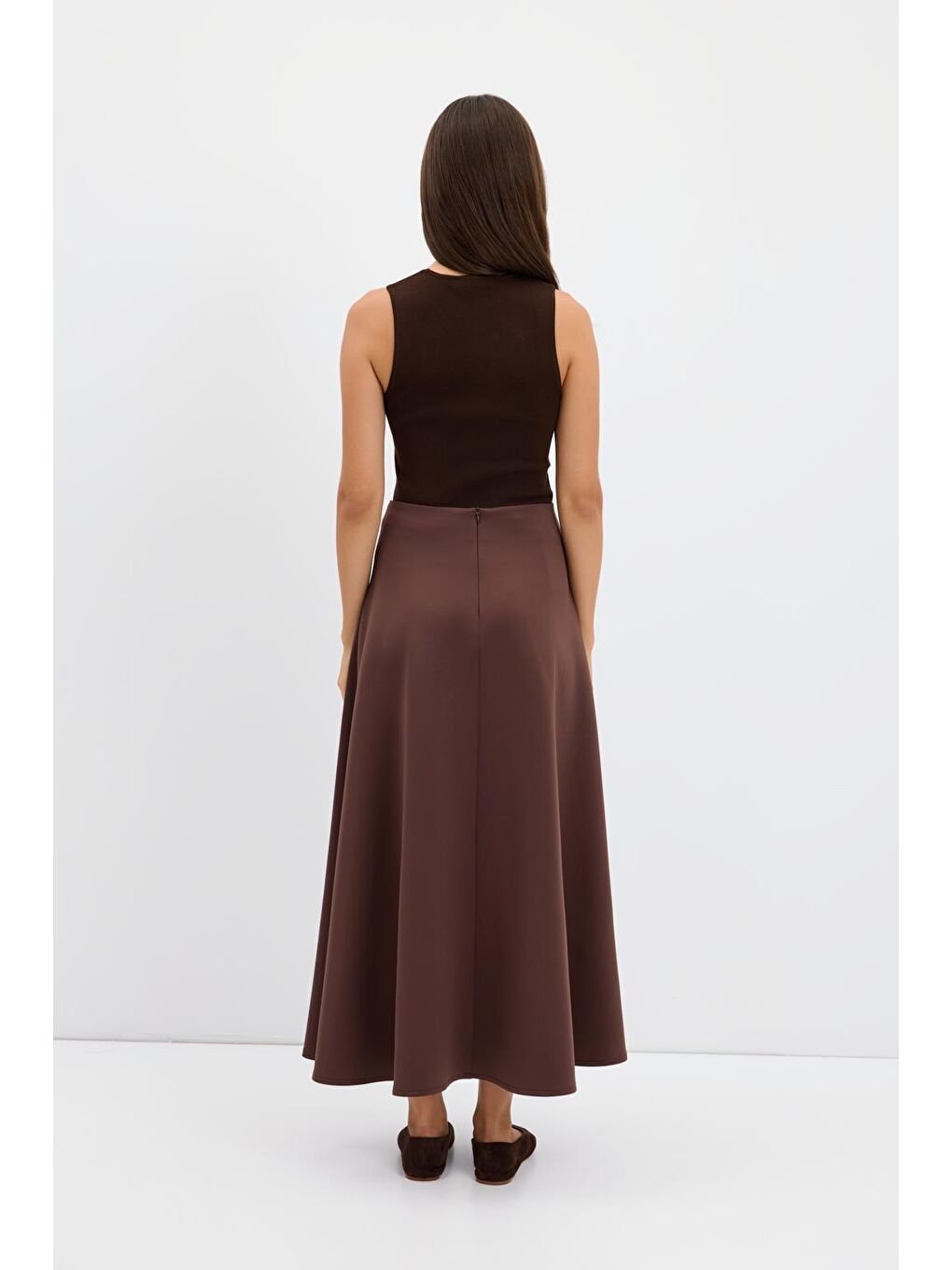 Kahverengi Scuba Kumaş Kloş Etek Kahve-5