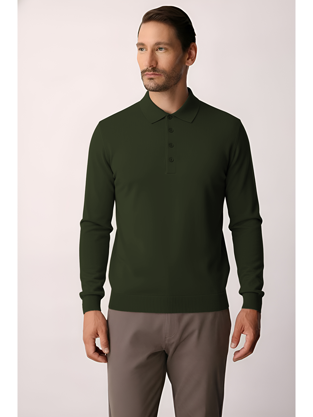 Haki Dar Kalıp Polo Yaka Düz Uzun Kollu Triko