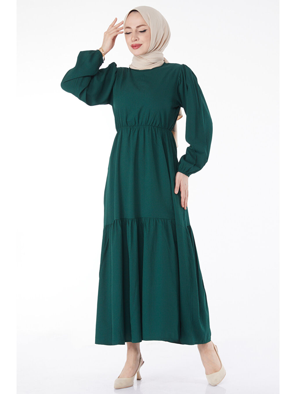 Yeşil Beli Bağcıklı Elbise Zümrüt - 27303-2