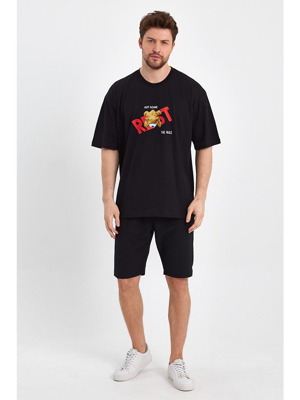 Siyah Oversize Fit Bisiklet Yaka %100 Pamuk Ayıcık Baskılı Erkek Tişört RF0407-3