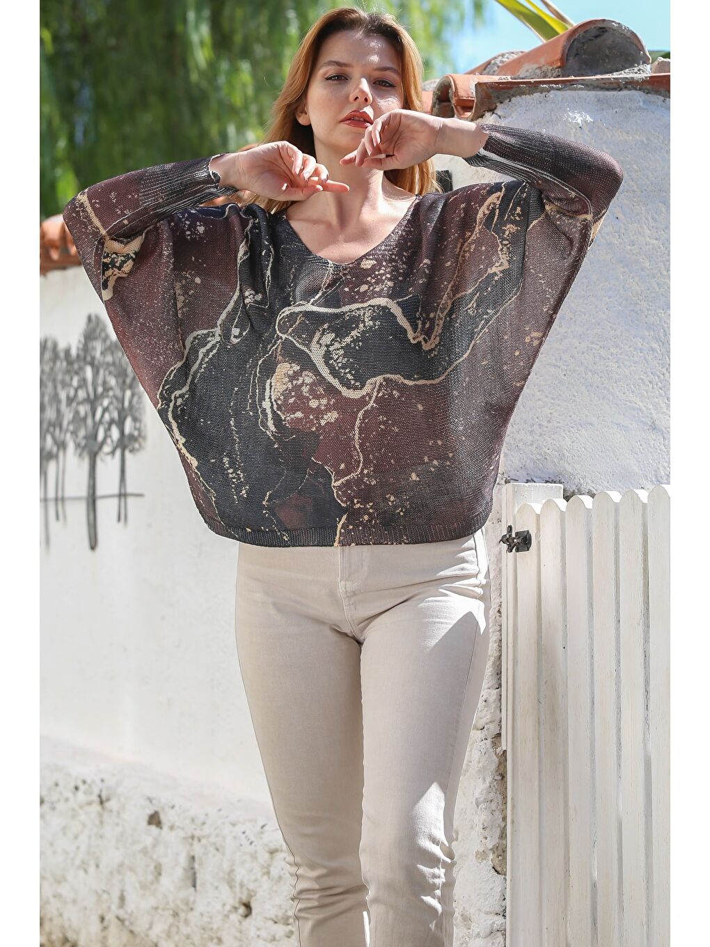 Bej İtalyan Kahve-Antrasit V Yaka Yarasa Kol Dijital Baskılı Casual Triko Bluz 65 70-2