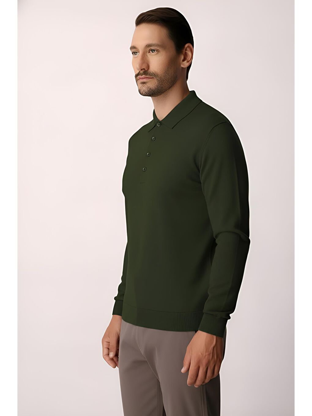 Haki Dar Kalıp Polo Yaka Düz Uzun Kollu Triko-2