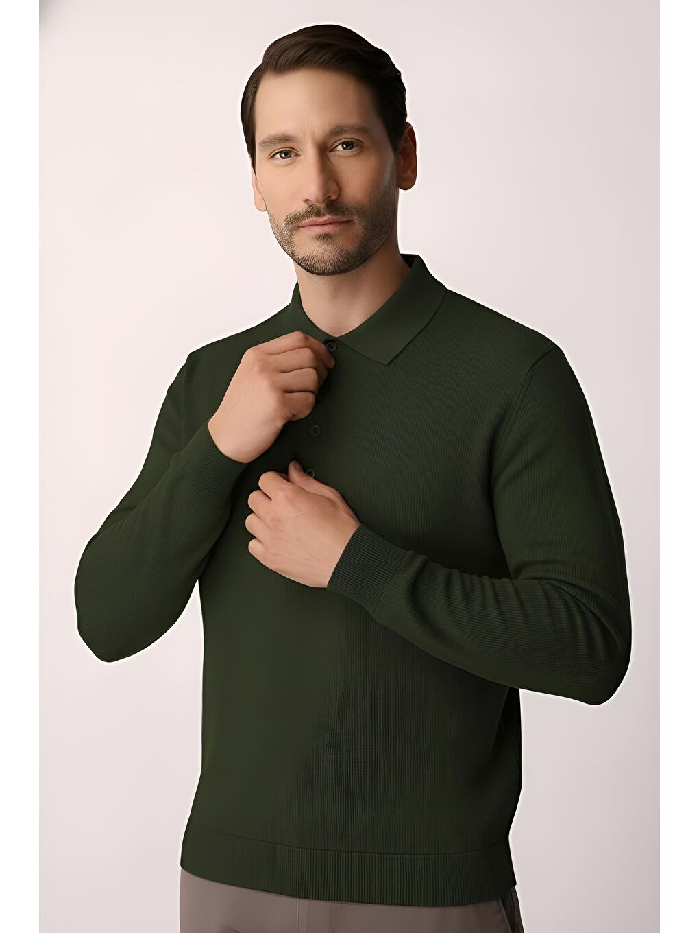 Haki Dar Kalıp Polo Yaka Düz Uzun Kollu Triko-3