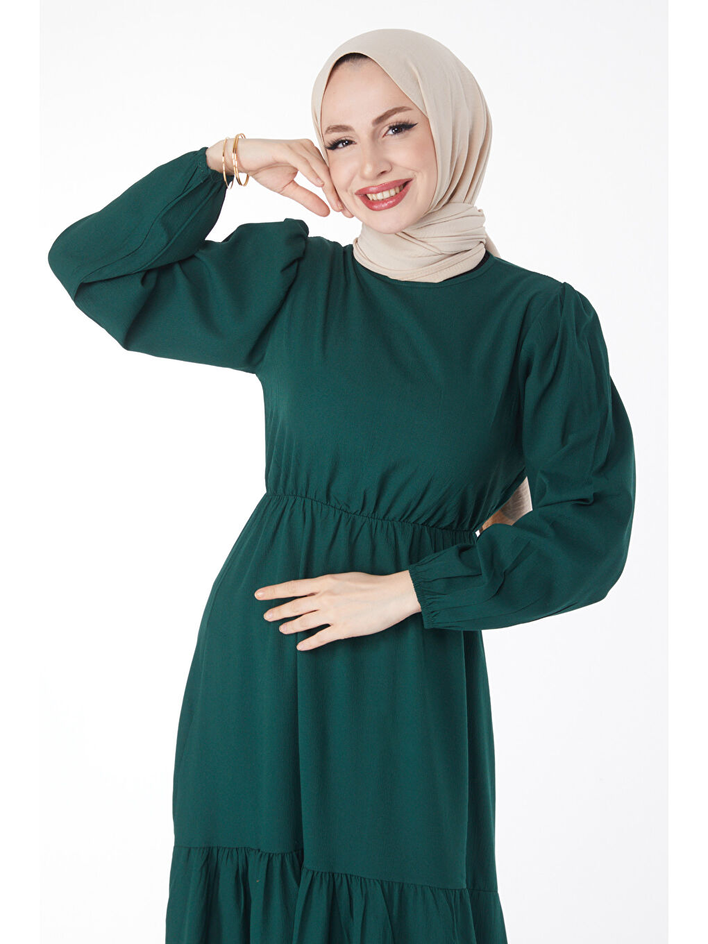 Yeşil Beli Bağcıklı Elbise Zümrüt - 27303-3