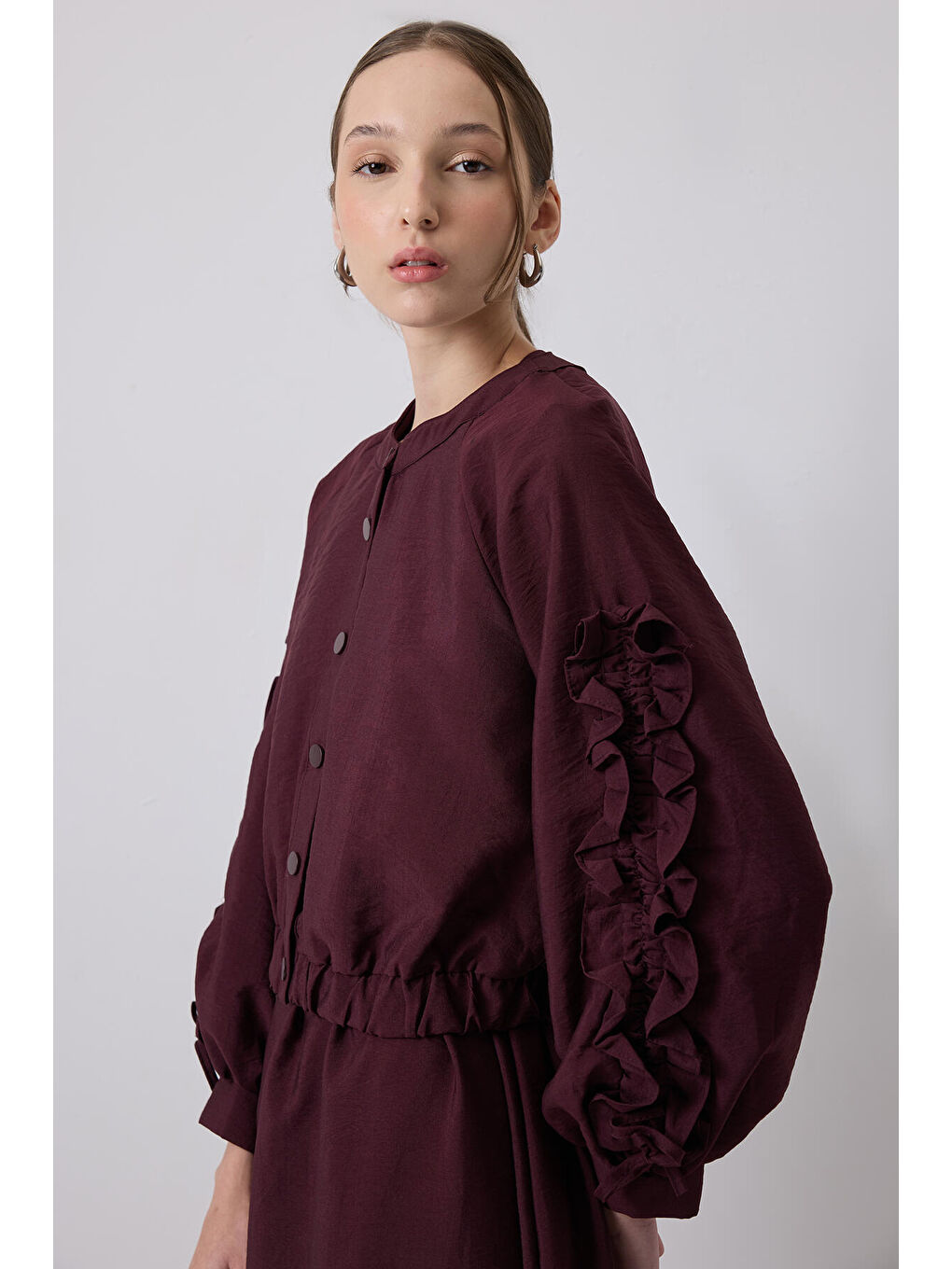 Bordo Kolları Büzgülü Ceket Elbise Takım-1