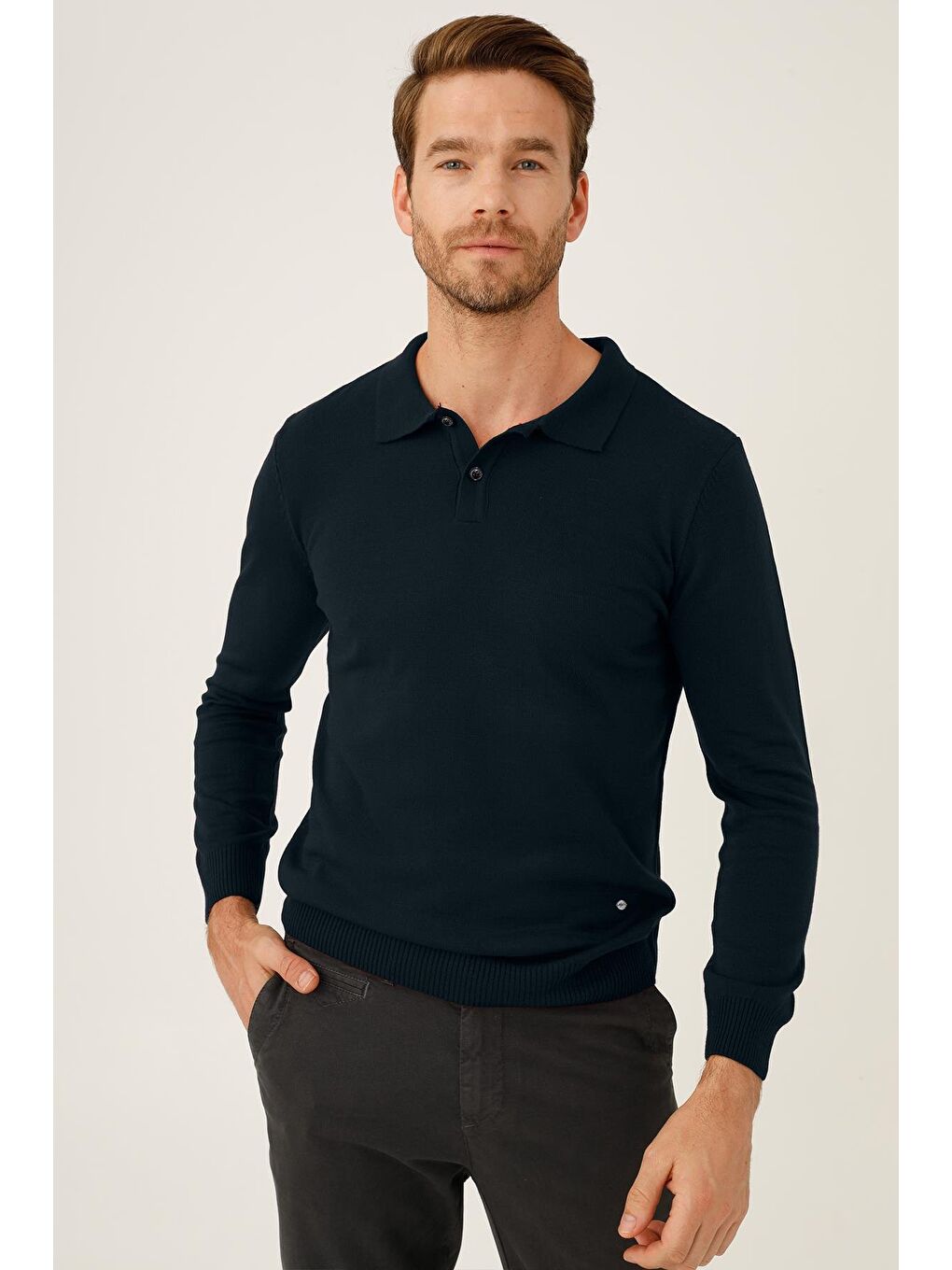 Lacivert Dar Kalıp Polo Yaka Düz Uzun Kollu Triko