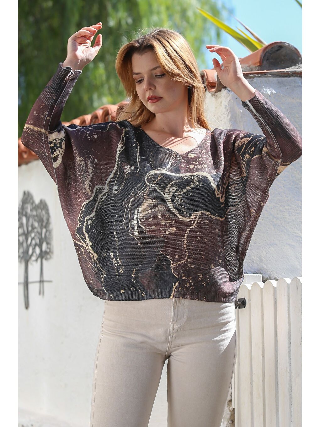 Bej İtalyan Kahve-Antrasit V Yaka Yarasa Kol Dijital Baskılı Casual Triko Bluz 65 70-5