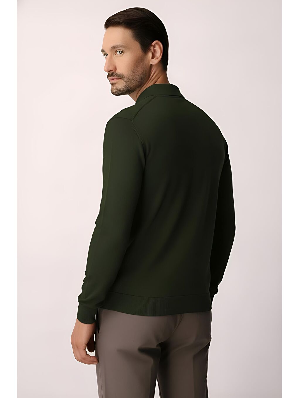 Haki Dar Kalıp Polo Yaka Düz Uzun Kollu Triko-5