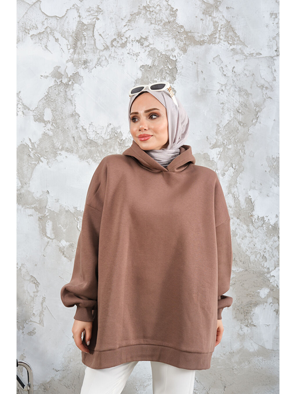 Kahverengi Kadın Kapüşonlu Sweat Açık Kahve-3